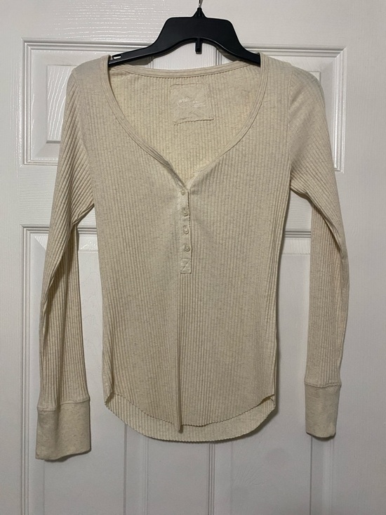 aerie Tops - aerie Ribbed Henley Long Sleeve Top - Cream